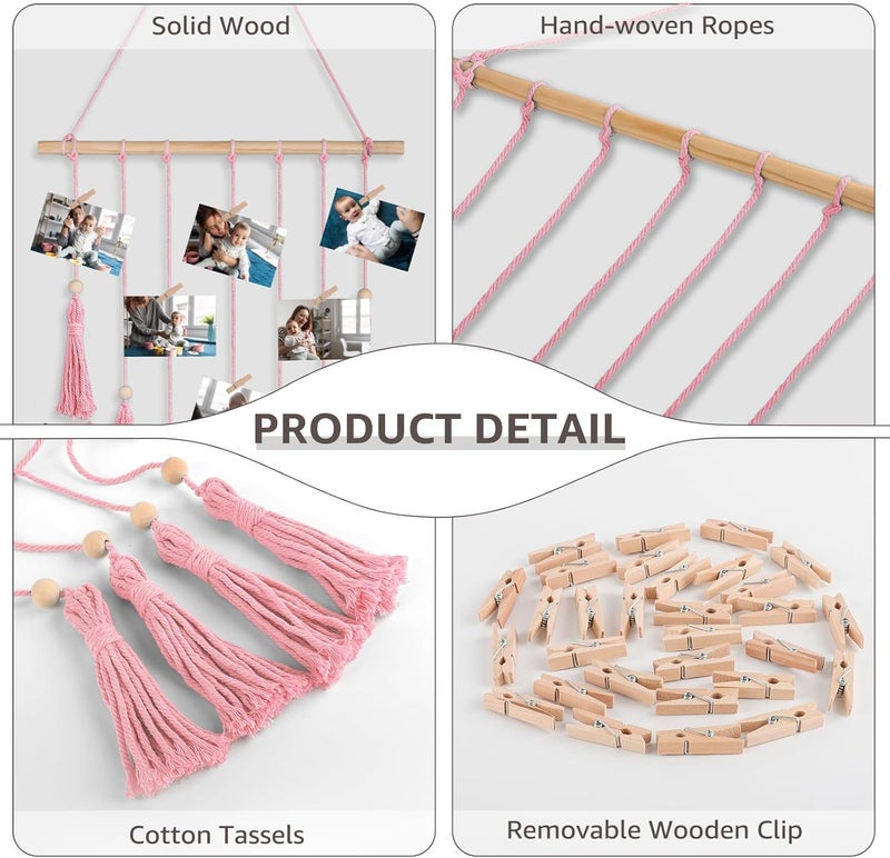 ANROYE Macrame Hanging Photo Display, Picture Holder with 30 Clips for Bedroom Wall, Polaroid Boho Gallery Hangers with LED Light String, Room Decor Gifts for 10 11 12 13 14 Year Old Teen Girl - Image 3